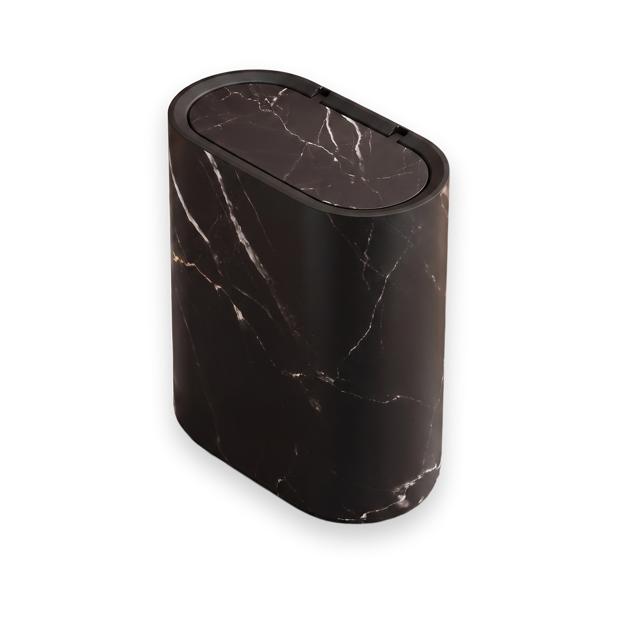 Carrera marble pattern oval trash can with lid, studio shot on a white background