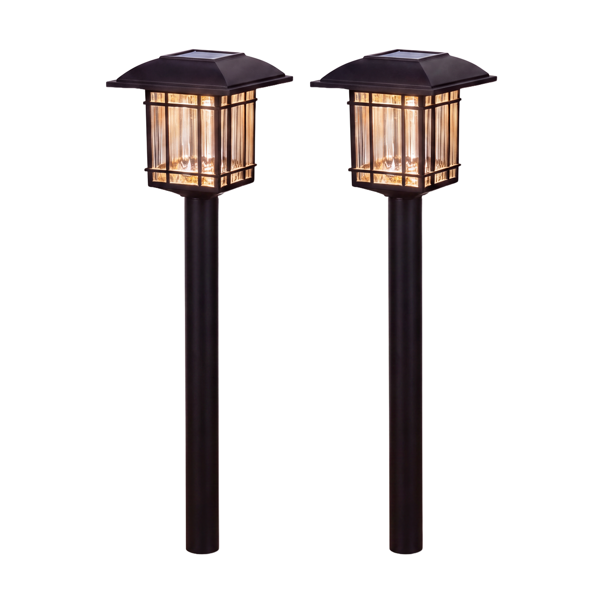 Halden solar lawn lights pair with smooth tube posts on a plain white background