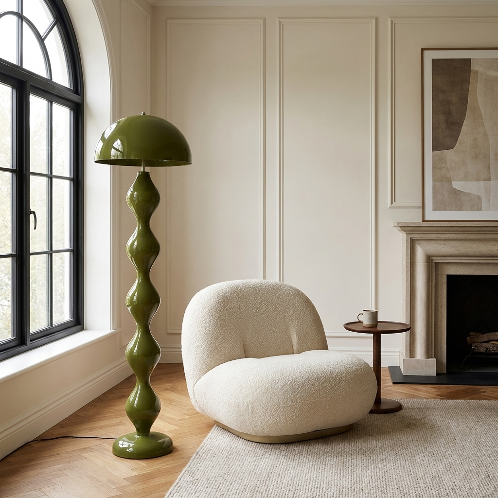 Verdi mushroom floor lamp beside a cream boucle armchair