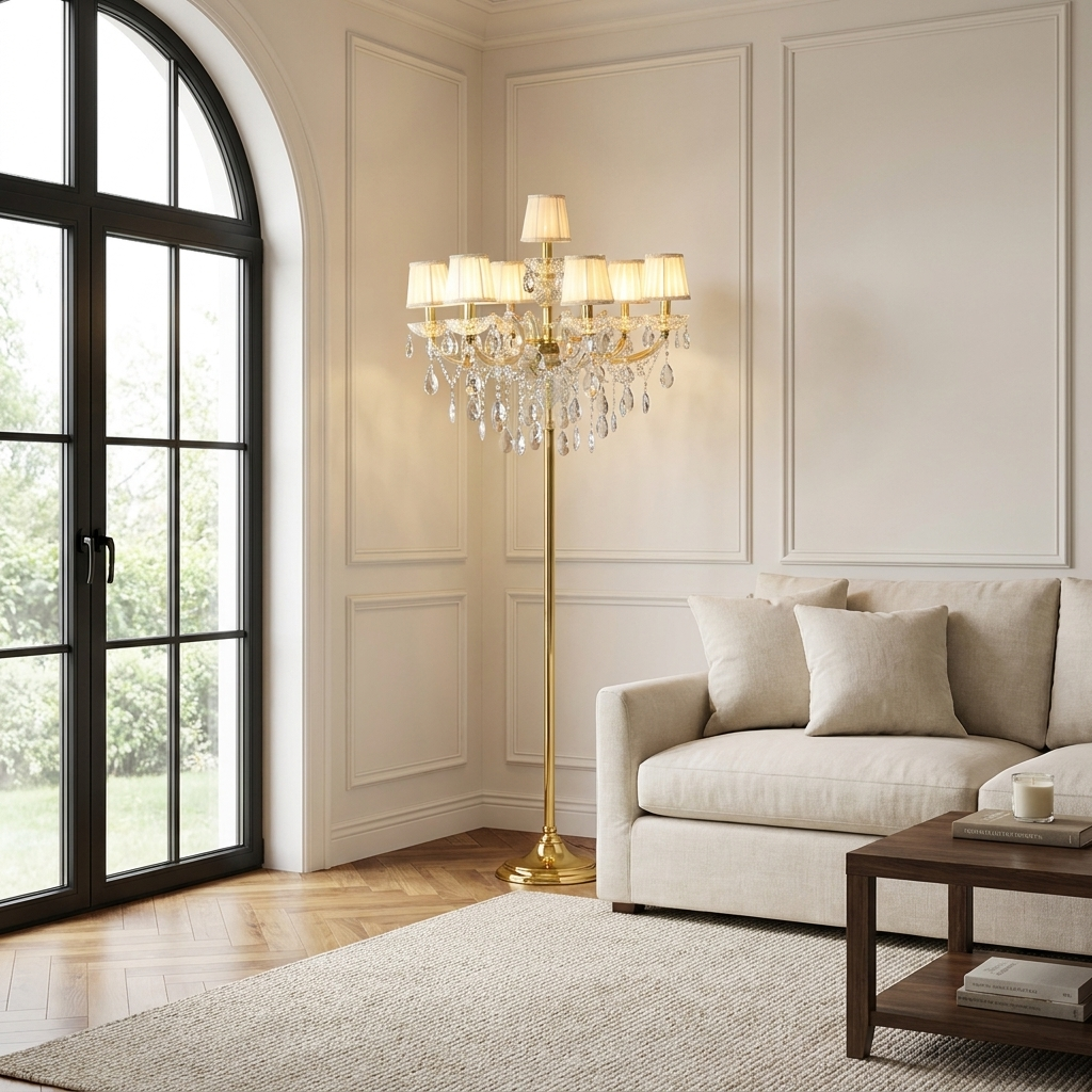 Lumiera crystal floor chandelier in the corner of a living room