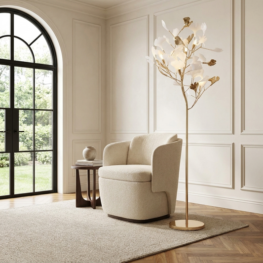 Foliana branch floor lamp beside a cream boucle armchair