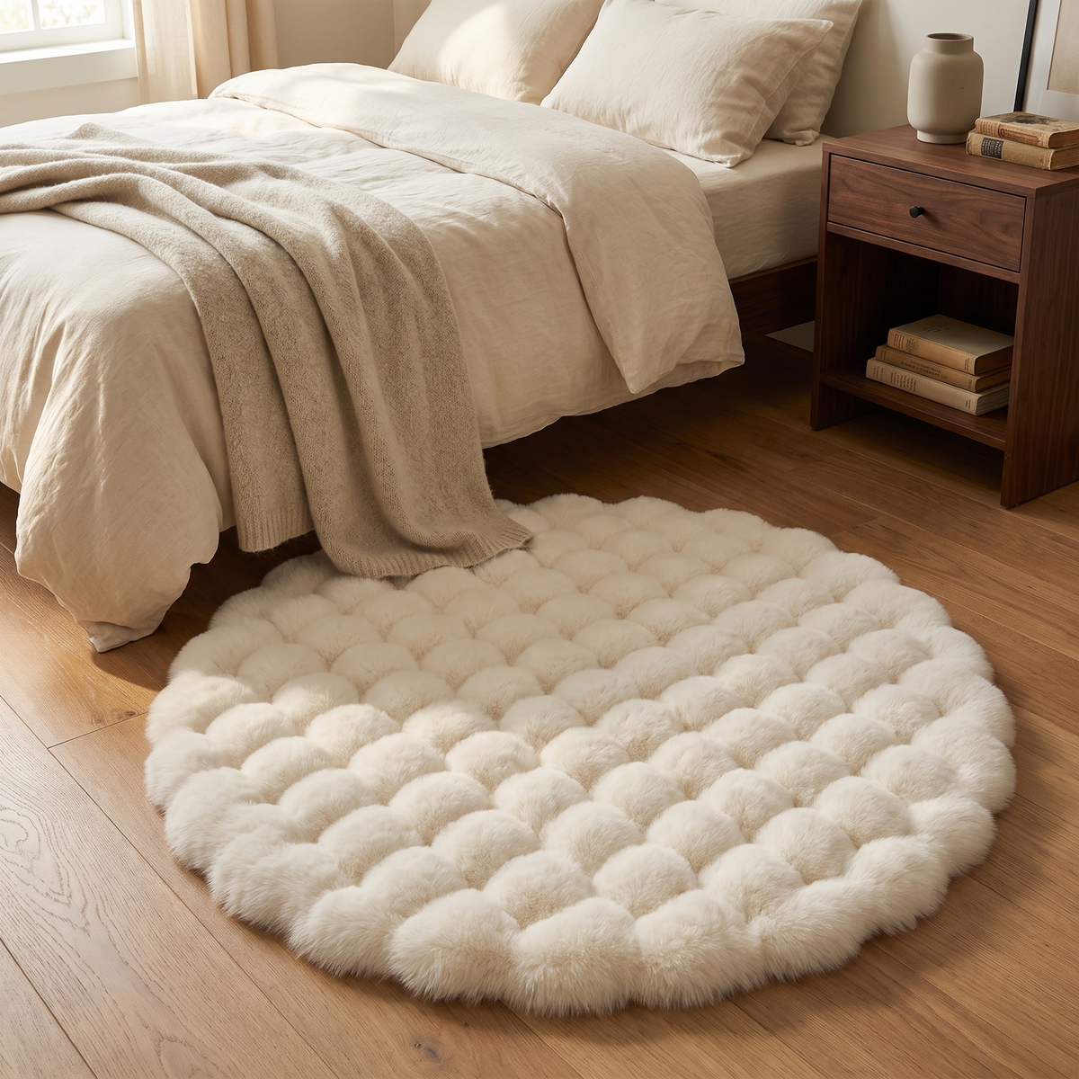 Nimbus round bubble rug beside a linen bed