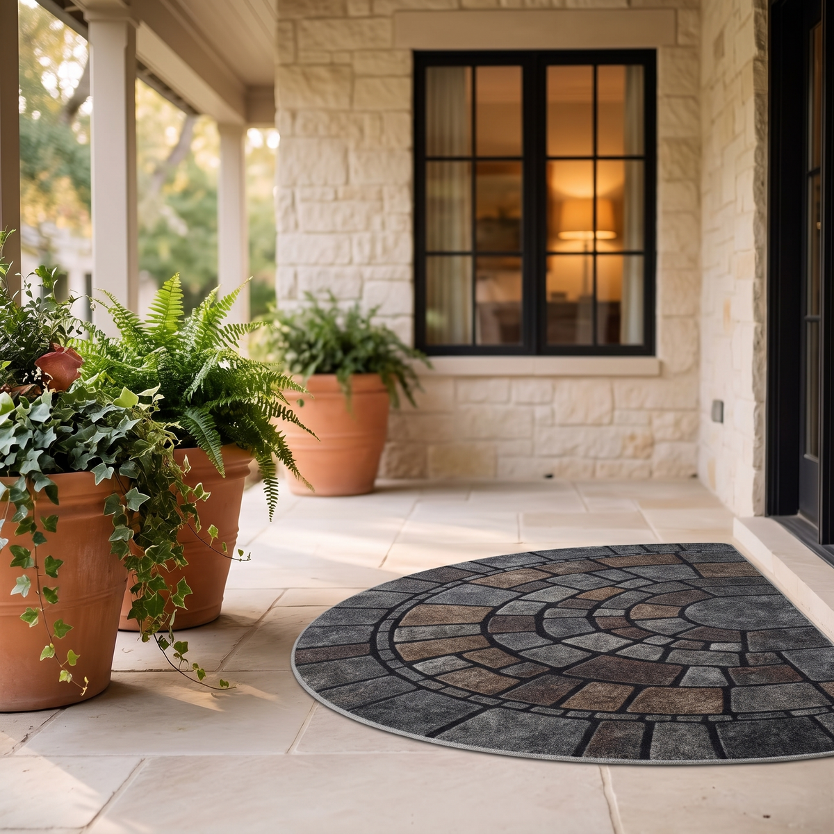 Calderra door mat on a covered porch