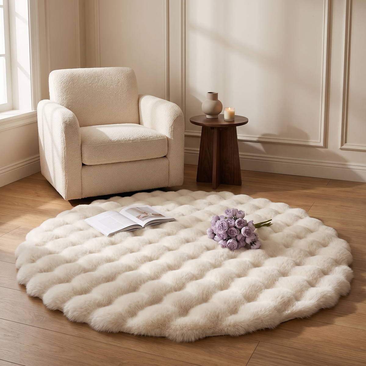 Nimbus round bubble rug in a living room corner