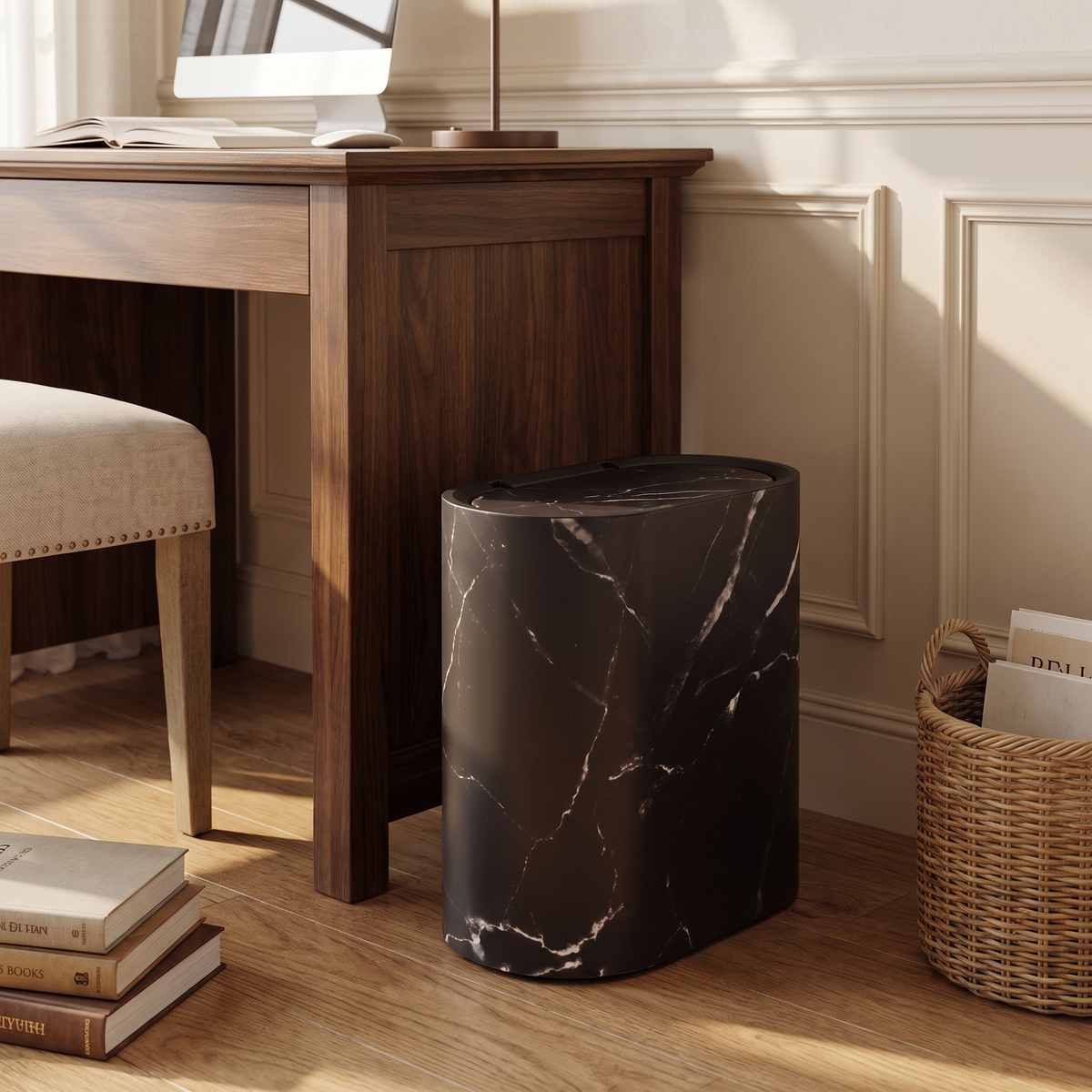 Carrera trash can beside a home office desk
