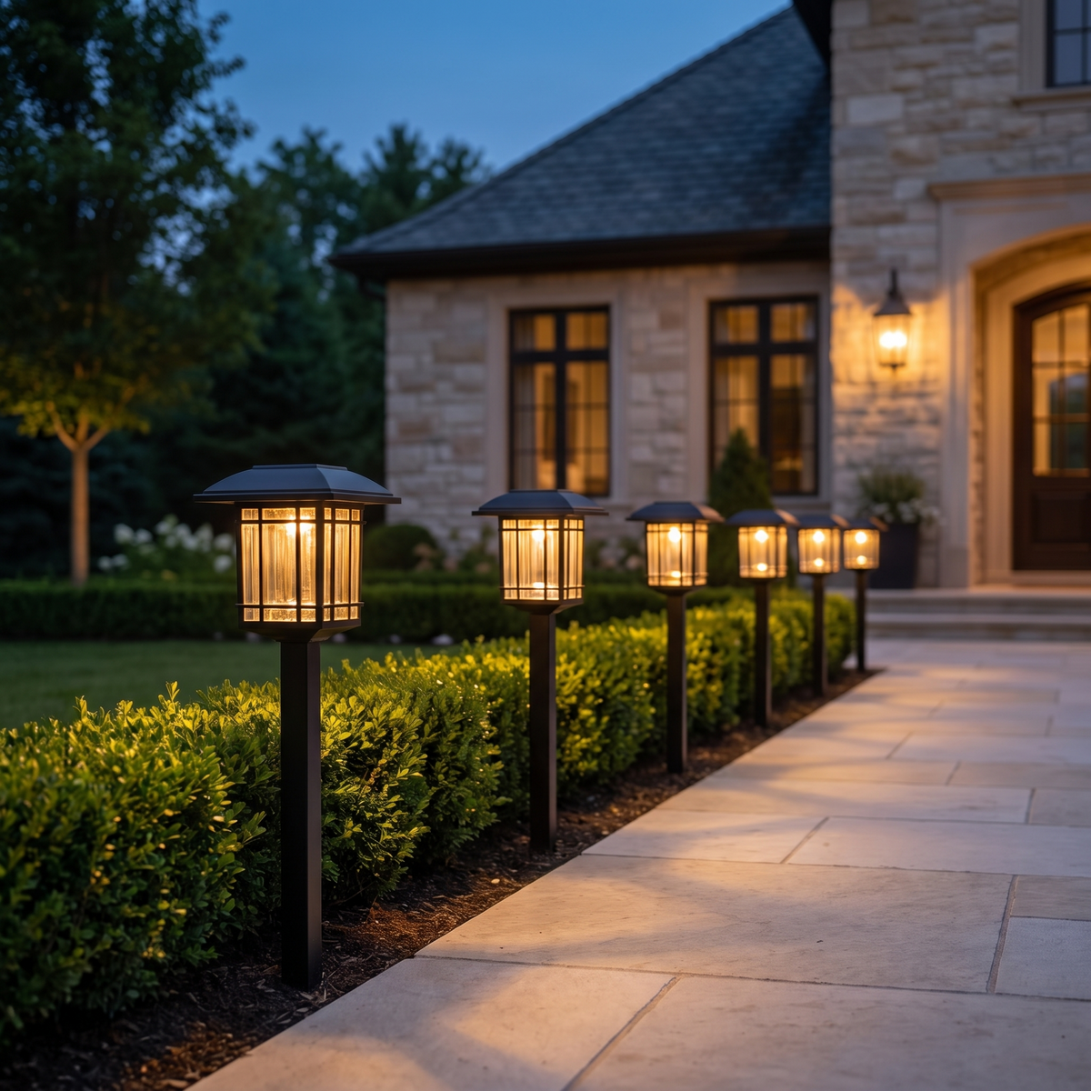 Halden solar lawn lights lining a stone path at dusk
