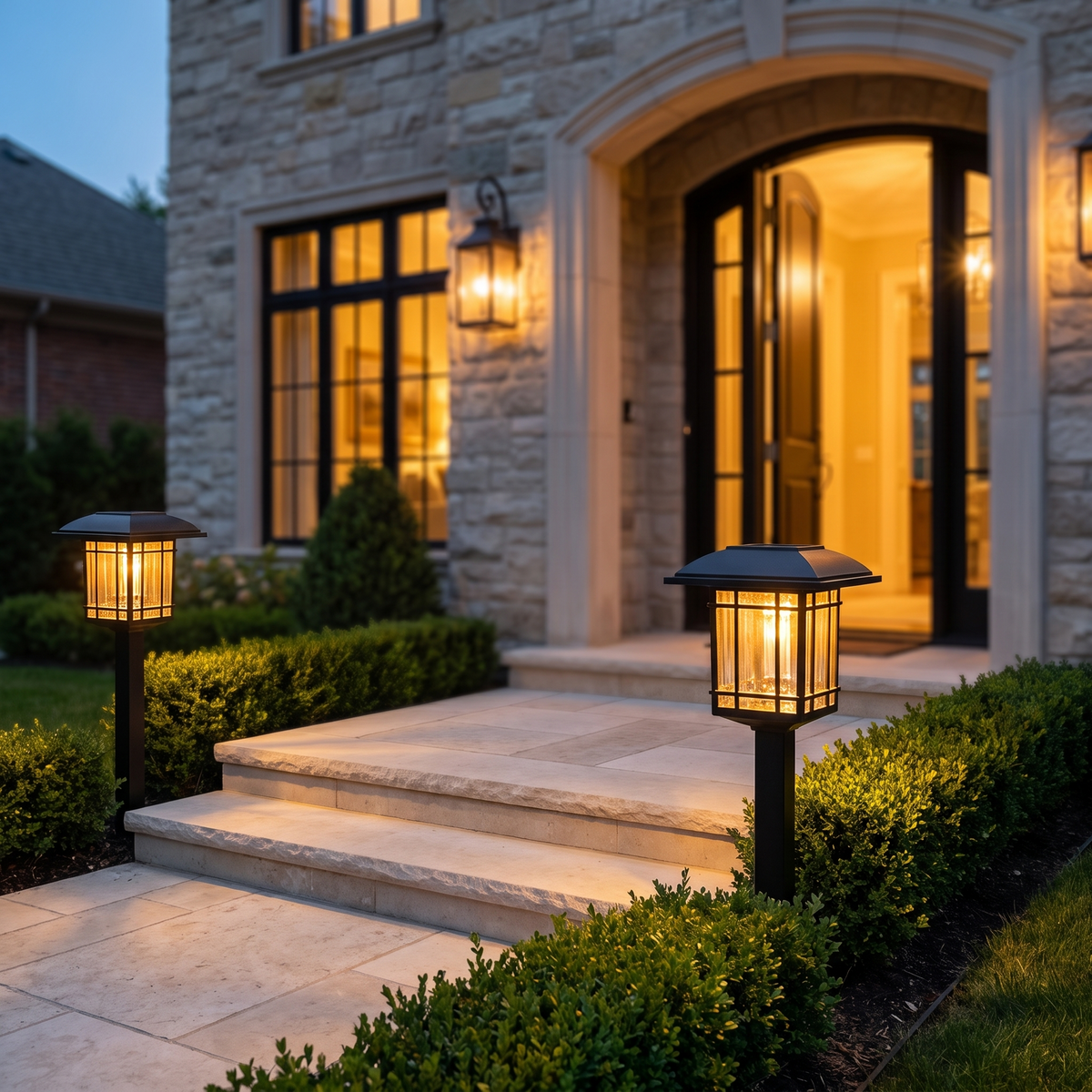Halden solar lawn lights flanking front steps at dusk