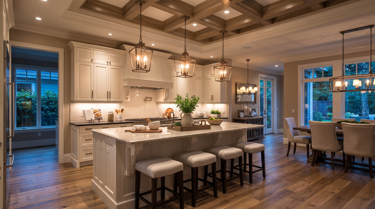 Warm kitchen and dining space at dusk