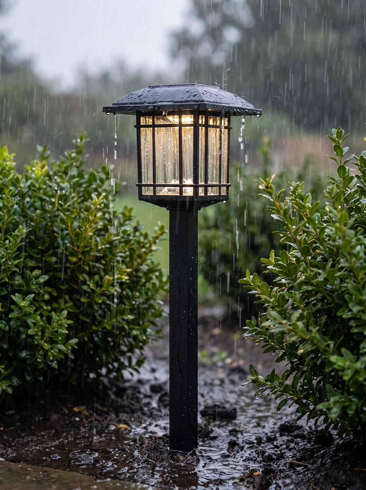 Halden solar lights in heavy rain, finish unrusted