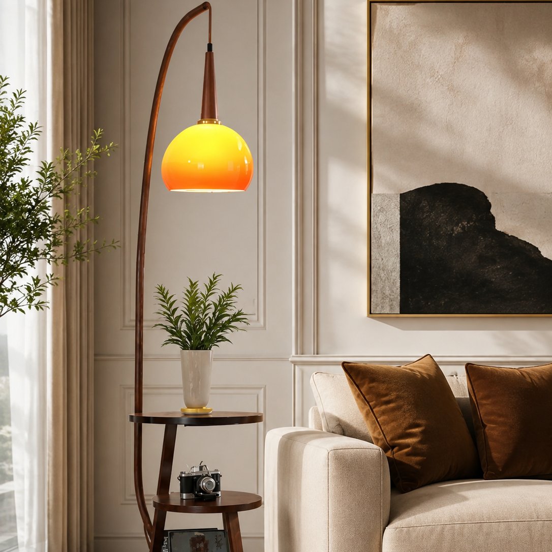 Amber Arc Standing Dome Floor Lamp with Side Table
