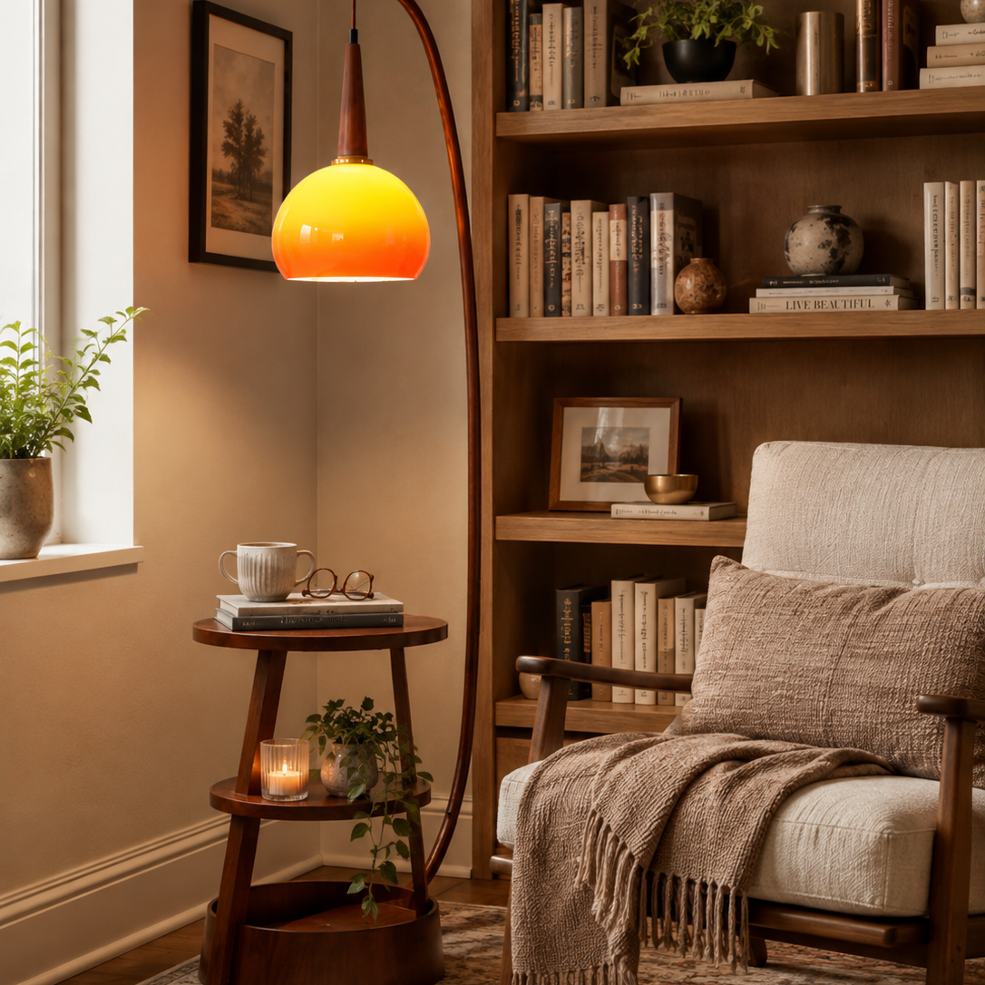 Amber Arc Standing Dome Floor Lamp with Side Table