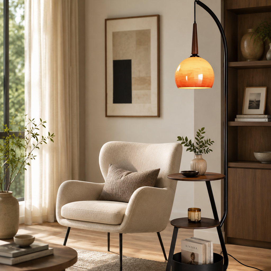 Amber Arc Standing Dome Floor Lamp with Side Table