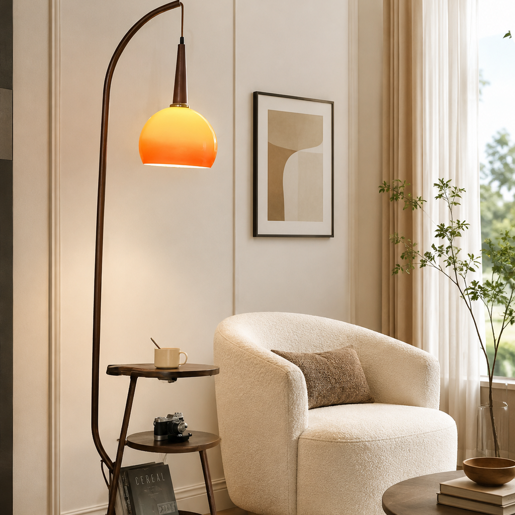 Amber Arc Standing Dome Floor Lamp with Side Table