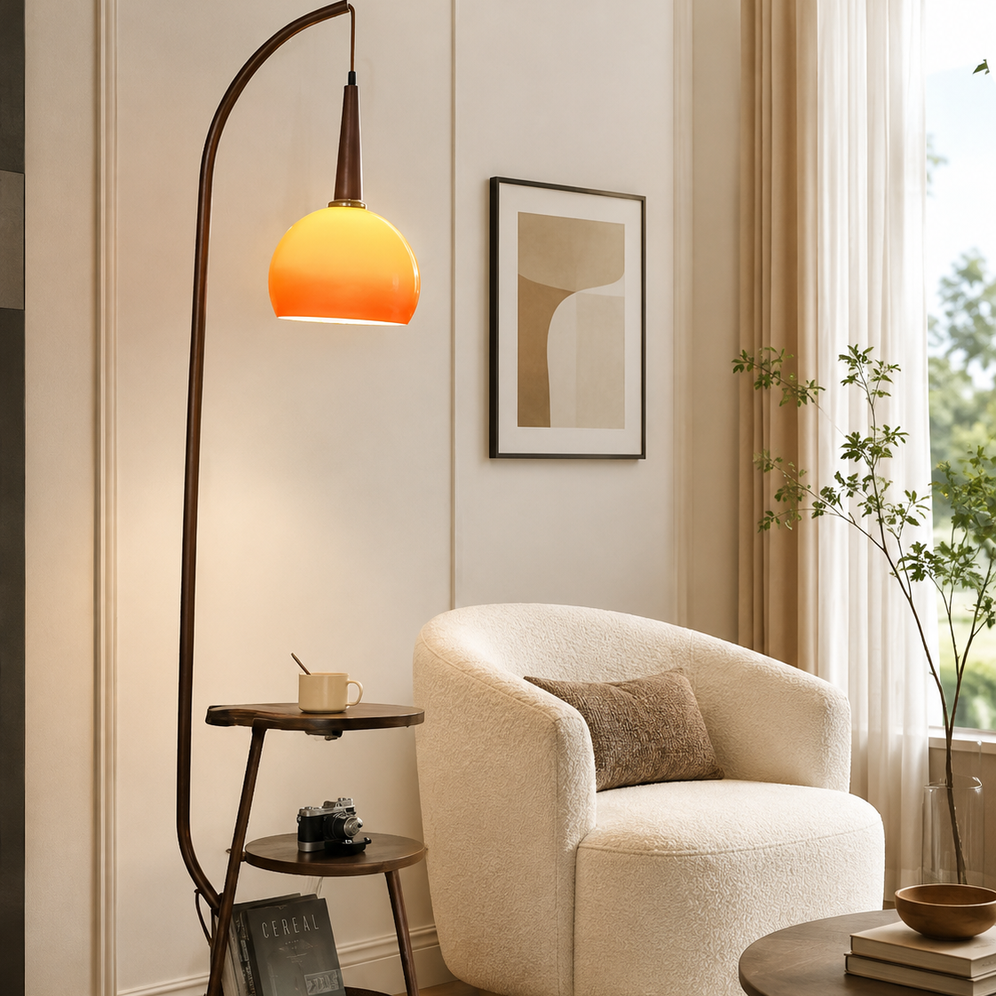 Amber Arc Standing Dome Floor Lamp with Side Table
