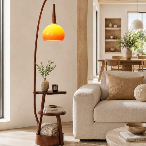 Amber Arc Standing Dome Floor Lamp with Side Table