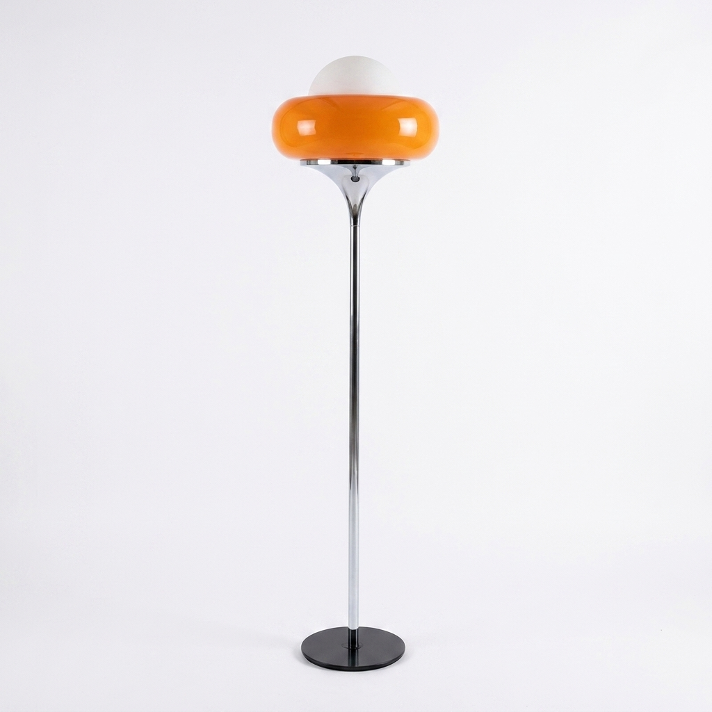 Aurelle amber glass globe floor lamp on a white background