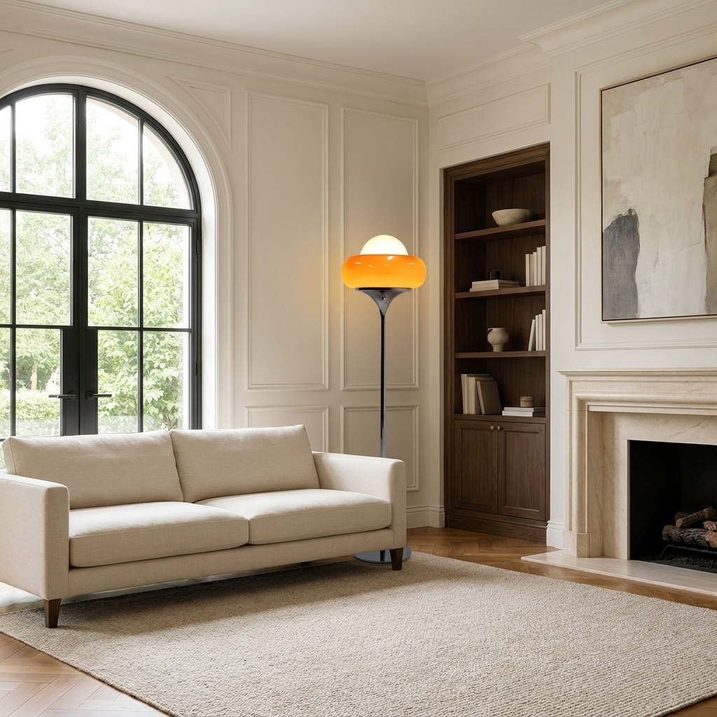 Aurelle floor lamp beside a cream linen sofa in a living room