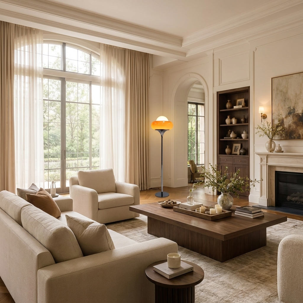 Aurelle floor lamp seen across the room from a three quarter angle