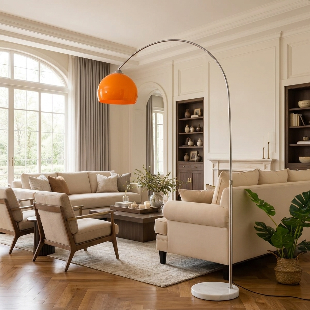 Solano arc floor lamp from the side showing the sweep of the arc