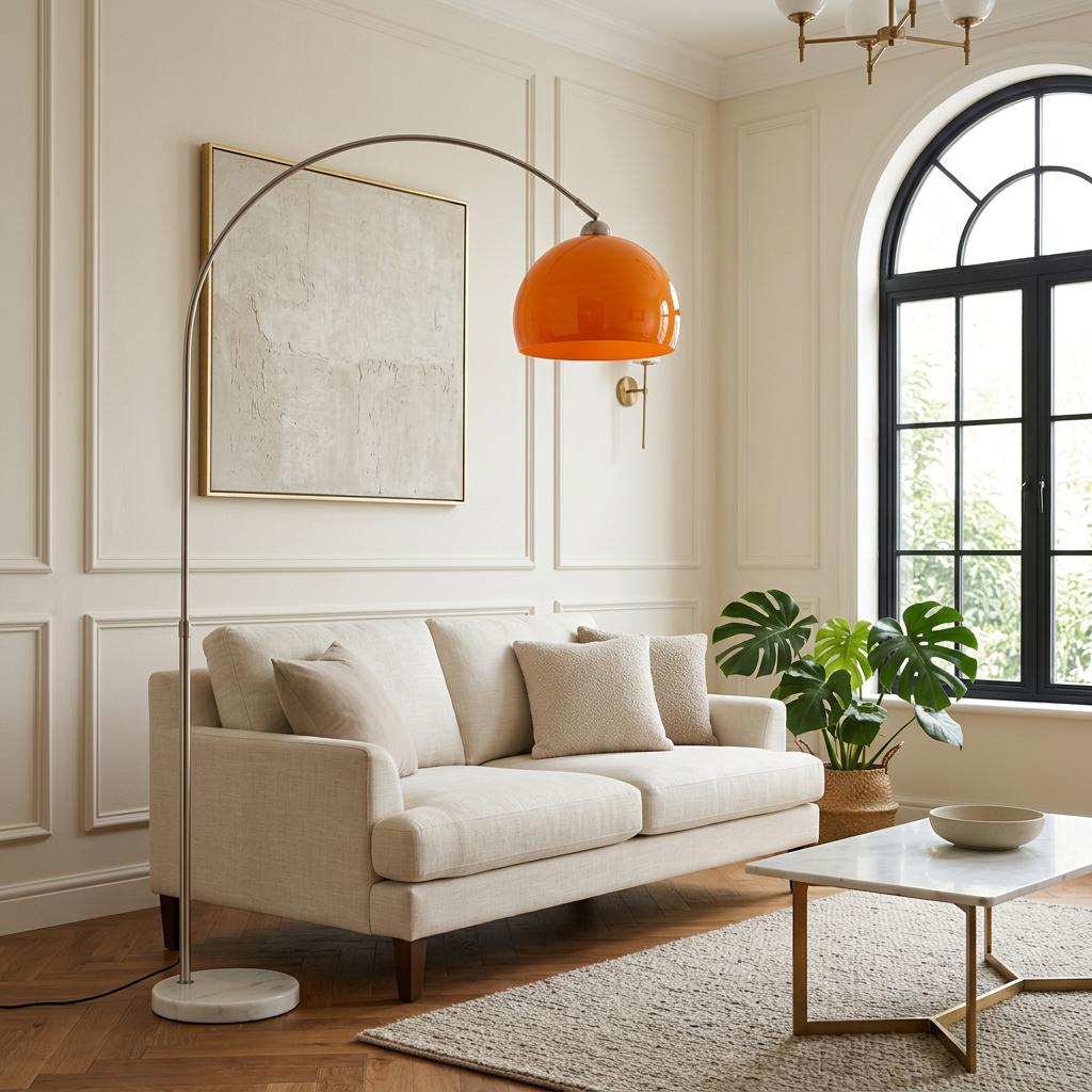 Solano arc floor lamp reaching over a cream sofa