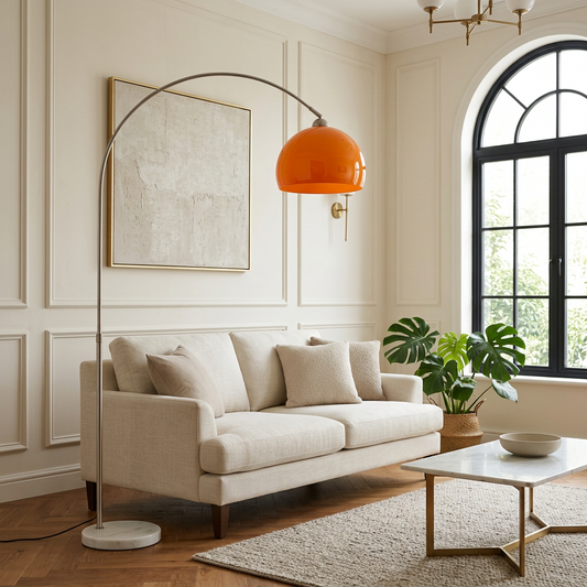 Solano arc floor lamp reaching over a cream sofa