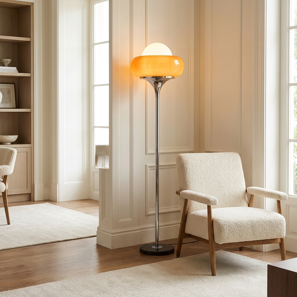 Aurelle floor lamp lit warmly beside a boucle armchair