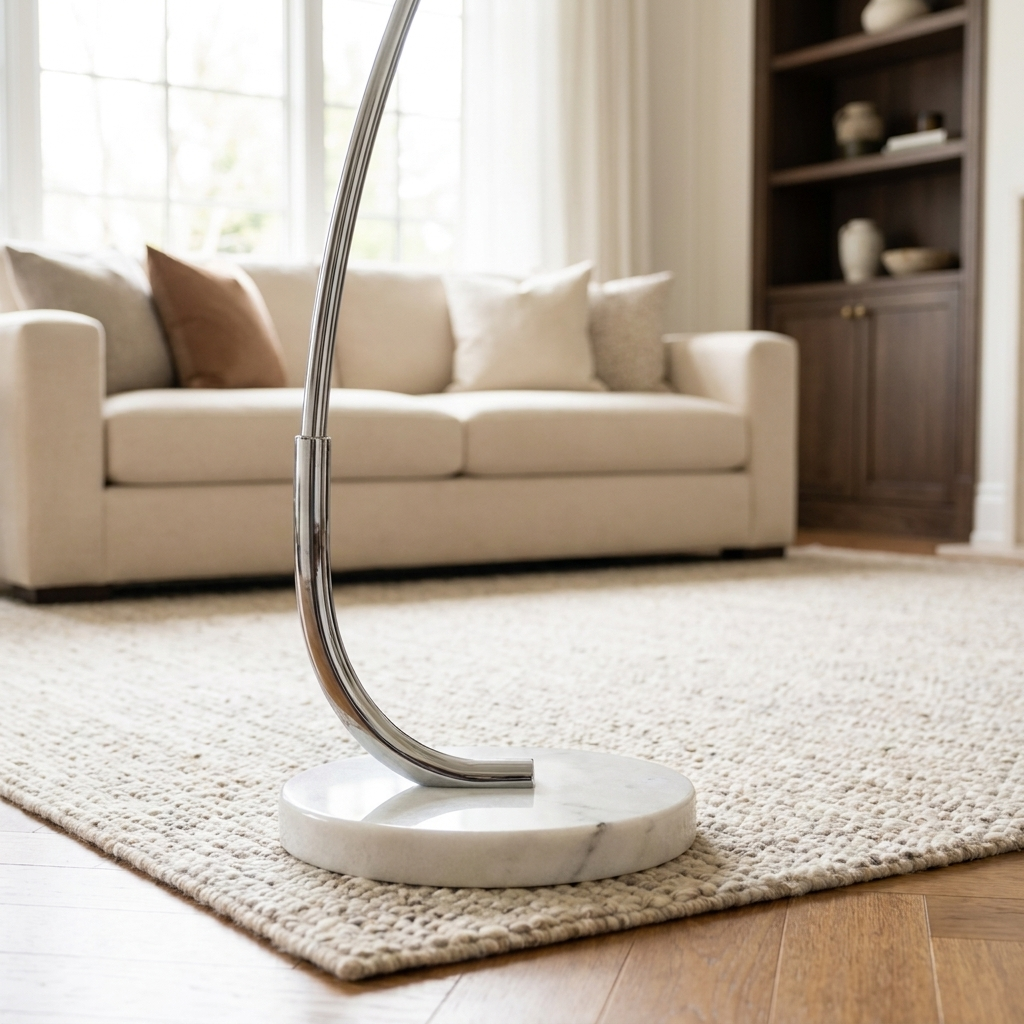 Close detail of the Solano marble base on a warm oak floor