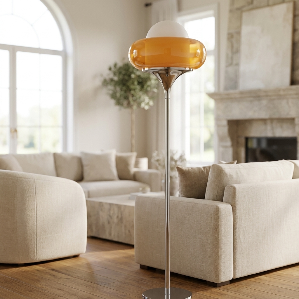 Close detail of the Aurelle hand blown amber glass globe shade