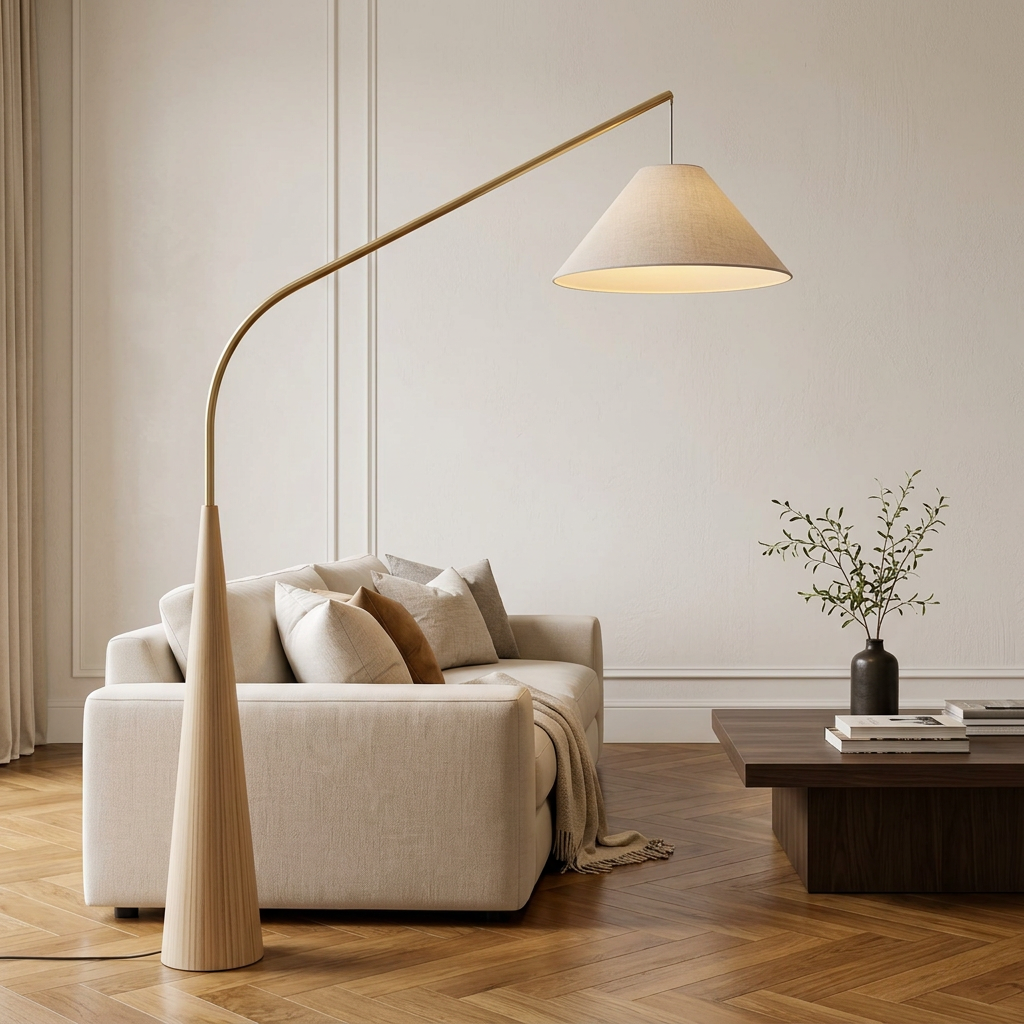 Calder arc floor lamp from the side showing its cantilever reach