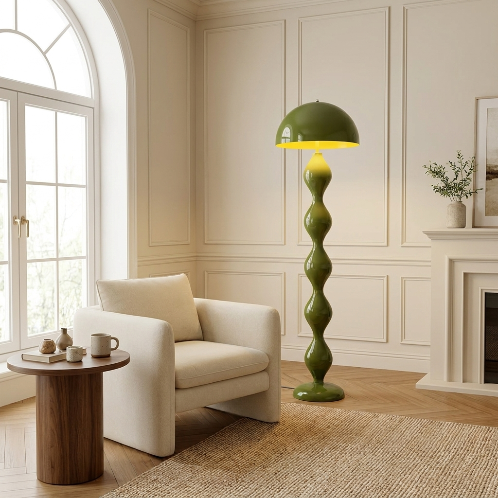 Verdi mushroom floor lamp from a three quarter angle across the room
