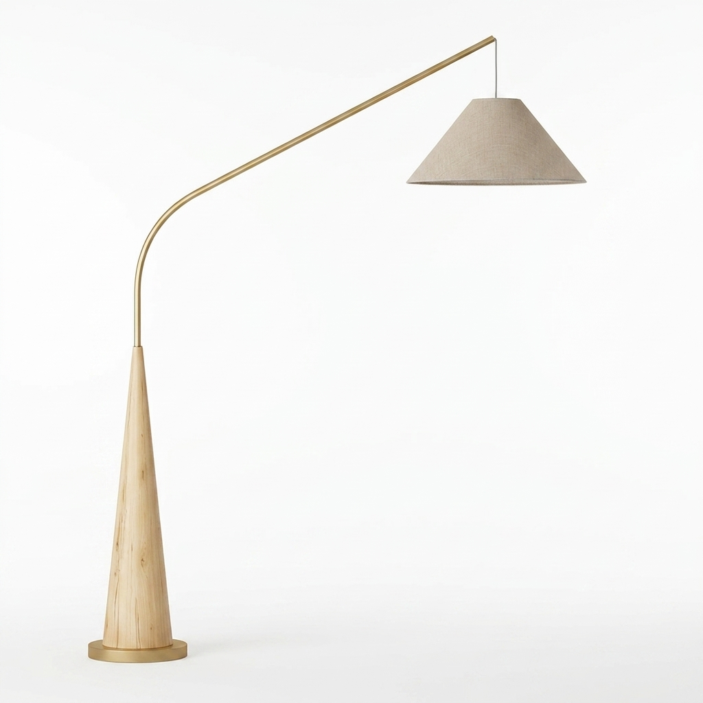 Calder beige cone fabric arc floor lamp on a white background