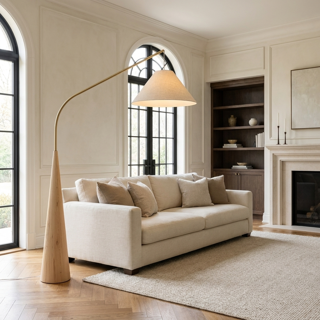 Calder arc floor lamp reaching over a cream linen sofa