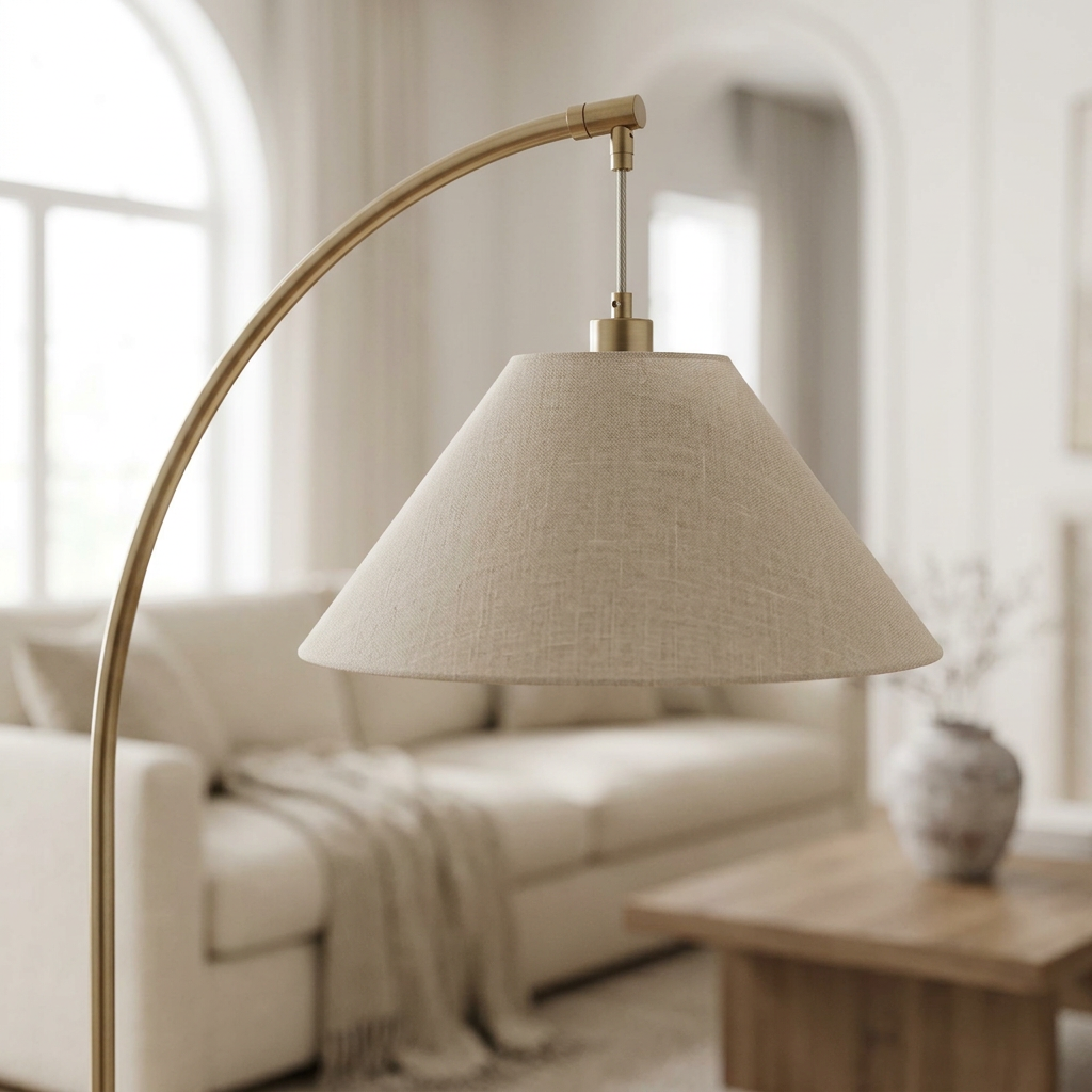 Close detail of the Calder beige fabric cone shade