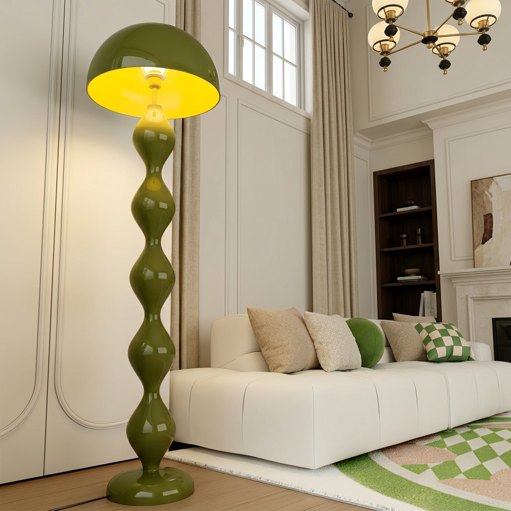 Verdi mushroom floor lamp lit warmly against a cream wall