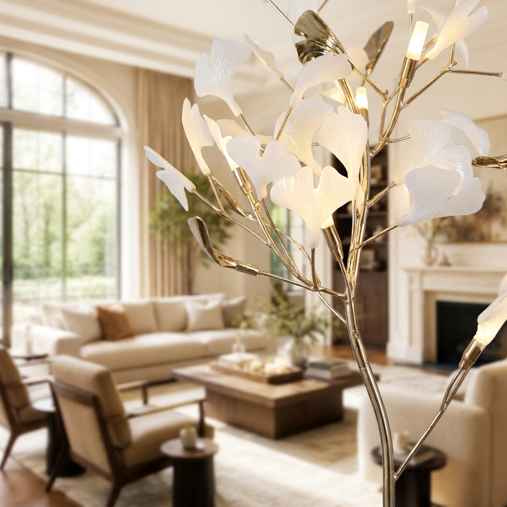 Close detail of the Foliana leaf shaped diffusers in white and gold