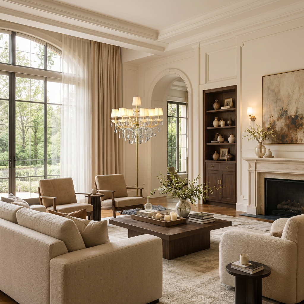 Lumiera crystal floor chandelier seen from across the room