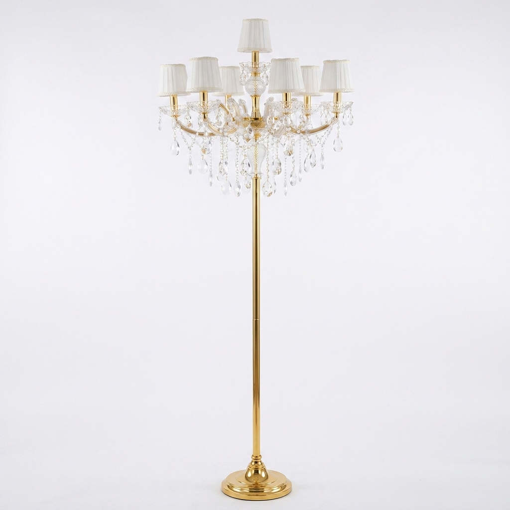 Lumiera gold crystal candelabra floor lamp on a white background