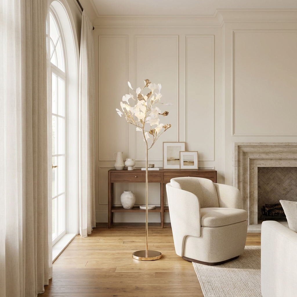 Foliana branch floor lamp showing its full spread against a cream wall