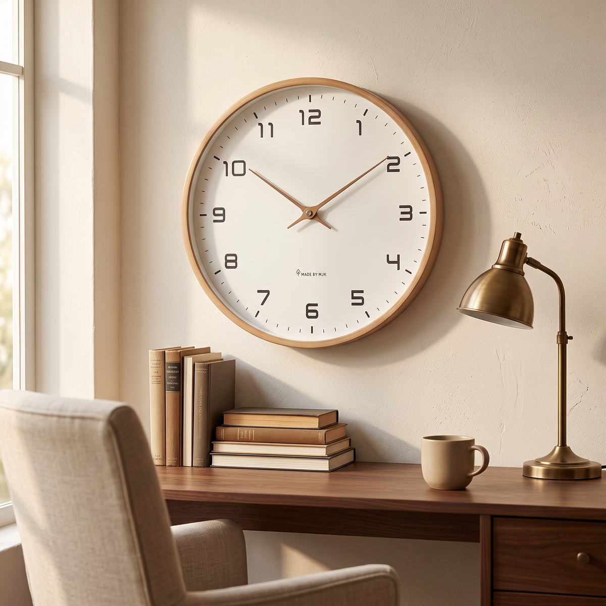 Norvik wall clock above a walnut desk