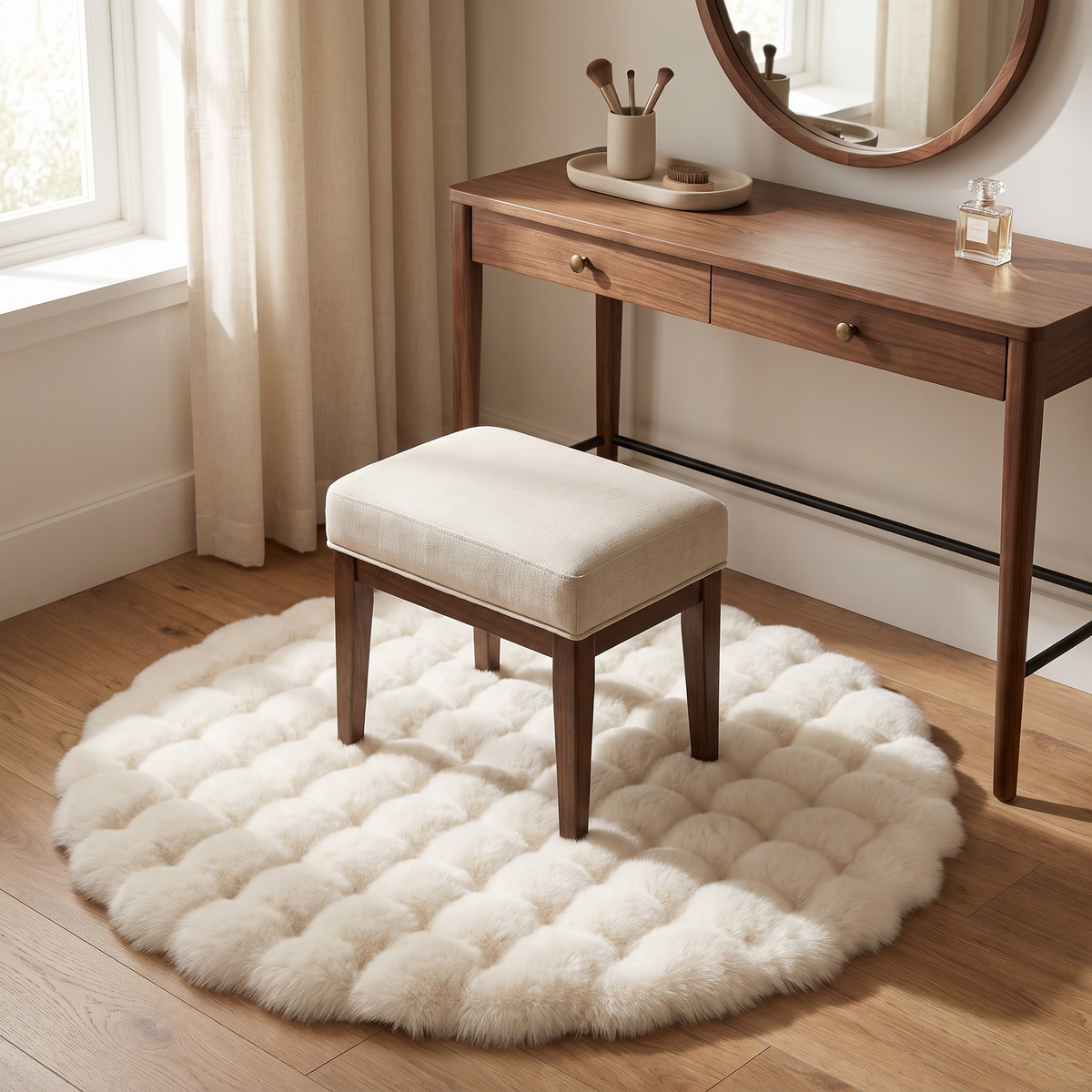 Nimbus round bubble rug under a vanity stool