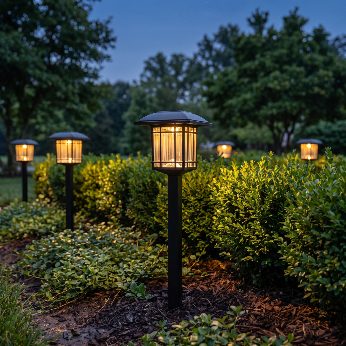 Halden solar lawn lights in a garden bed at dusk