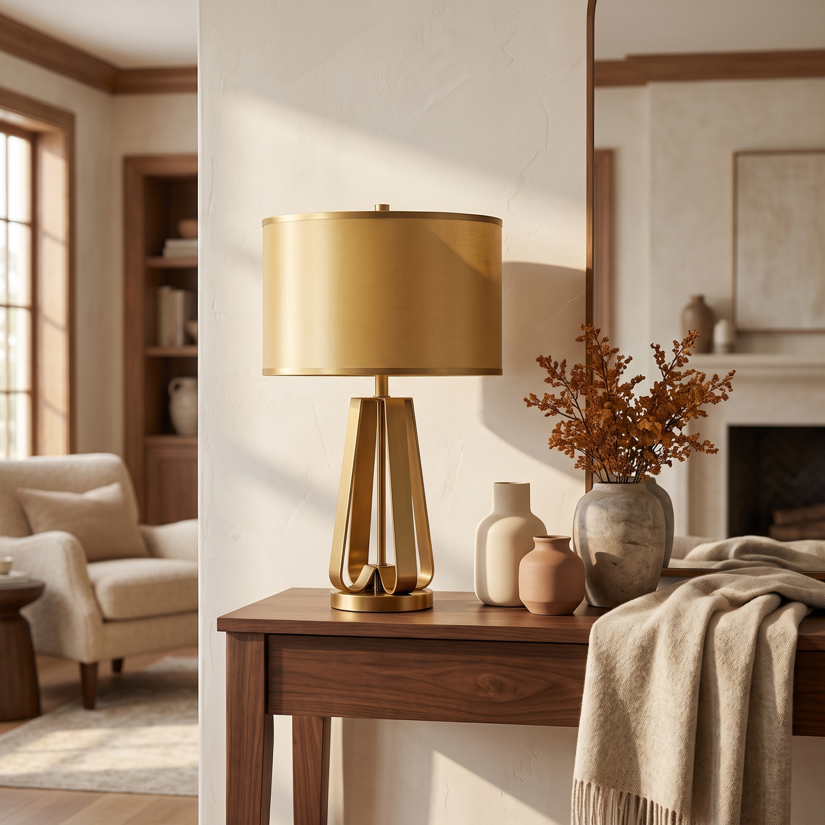 Solstice table lamp on a walnut console