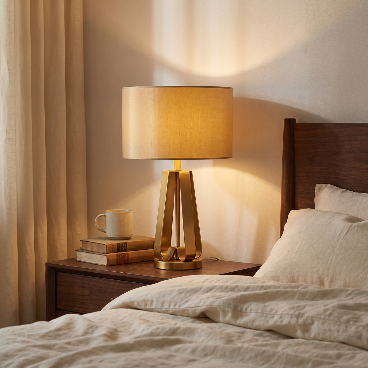 Solstice table lamp lit on a bedside table