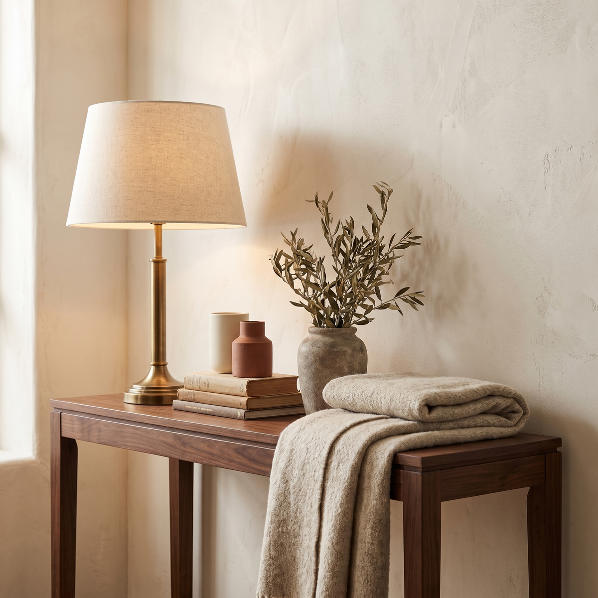 Styled walnut console with a brass lamp and ceramics