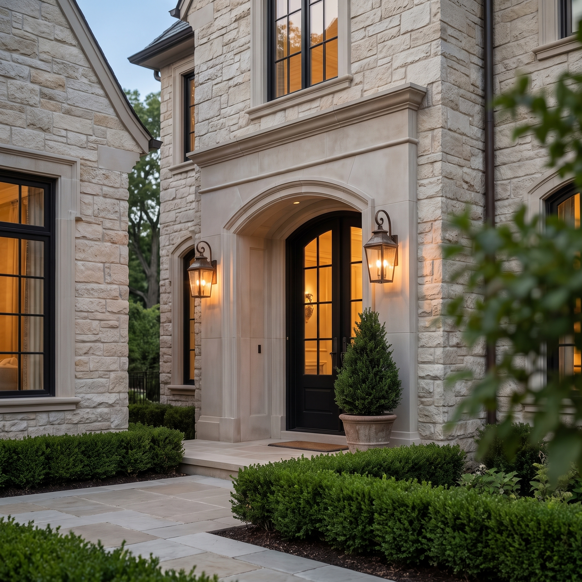 Warm lit stone home entrance at dusk