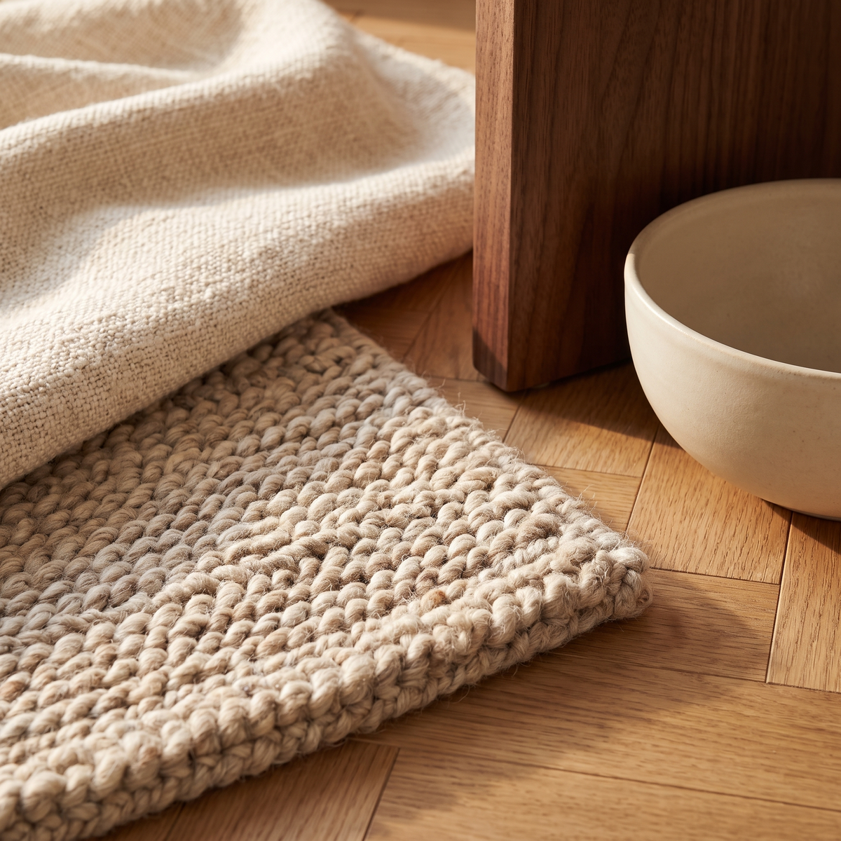 Close up of wool rug pile, linen throw and oak flooring
