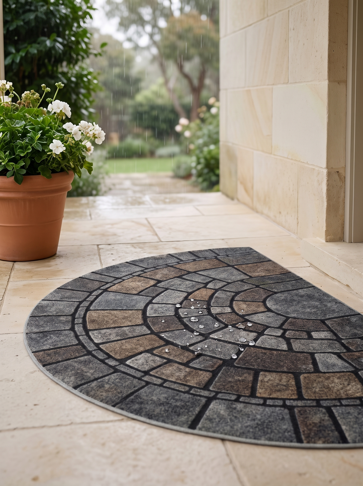 Calderra door mat dry on a covered porch during rain