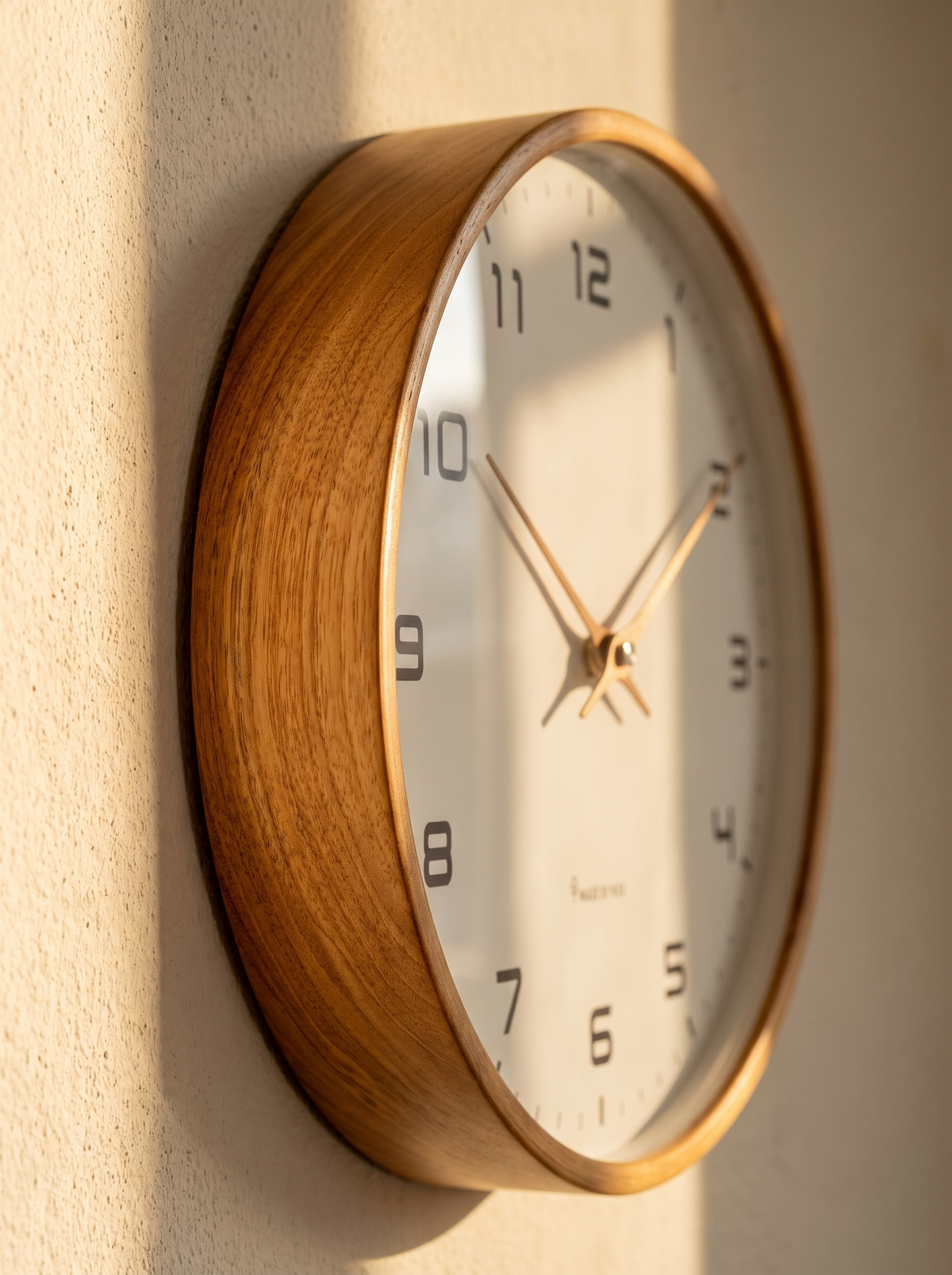 Norvik wall clock timber frame in raking sunlight
