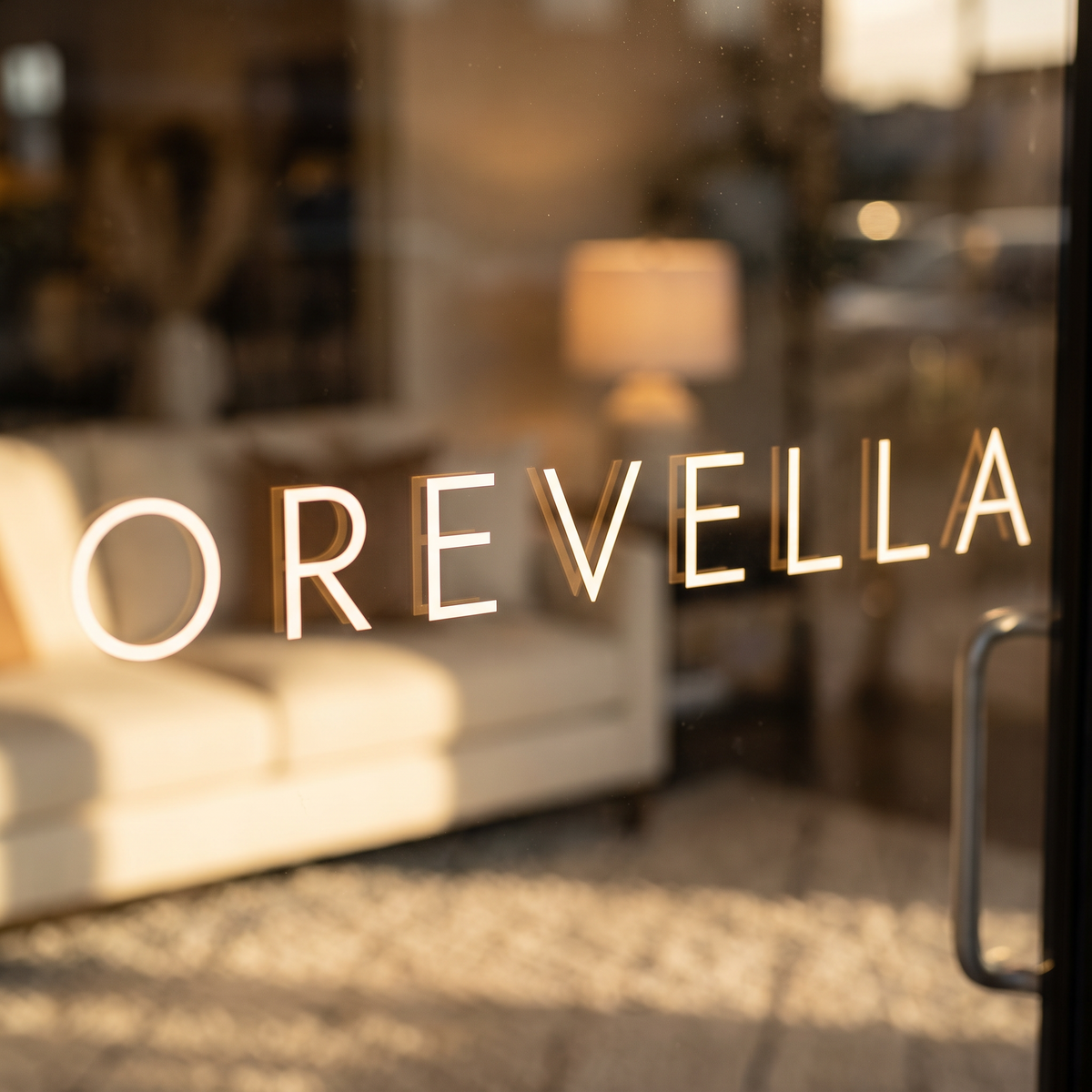 Orevella logo on the glass door of a home decor shop